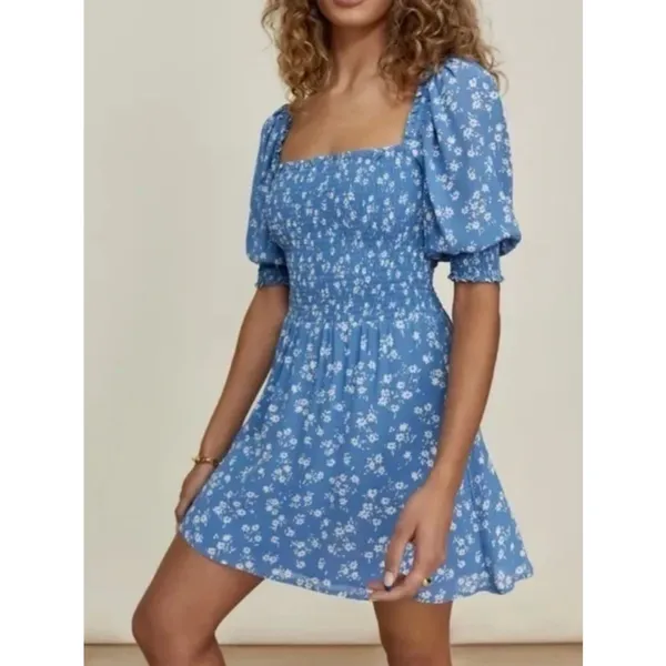 Reformation Elle Floral Puff Sleeves Smocked Bodice Square Neck Mini Dress Sz 0 - Image 2