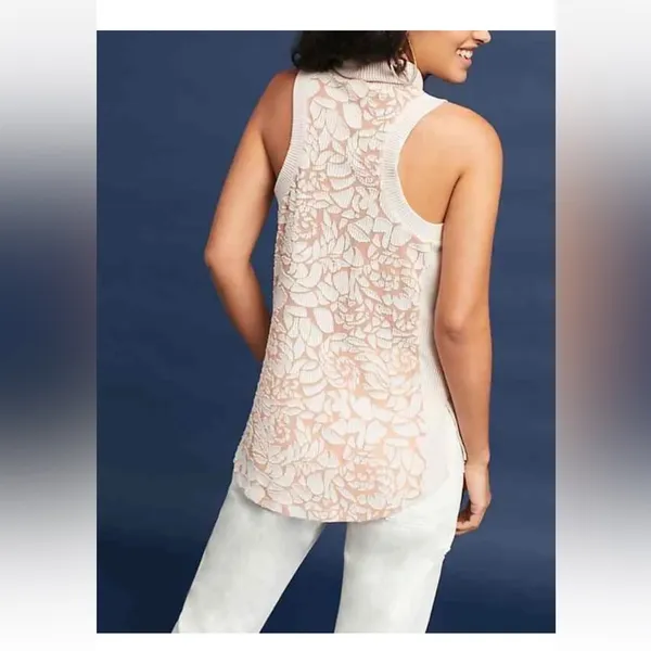 ANTHROPOLOGIE MEADOW RUE IVORY BLUSH SLEEVELESS TURTLENECK RIBBED TOP Sz S m - Image 4