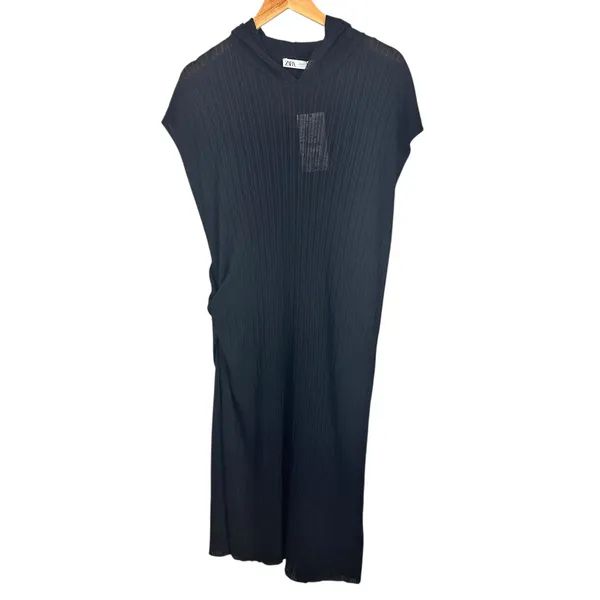 Zara Hooded Sleeveless Midi Dress Black Side Slit Sheer Size M/L NWT - Image 2