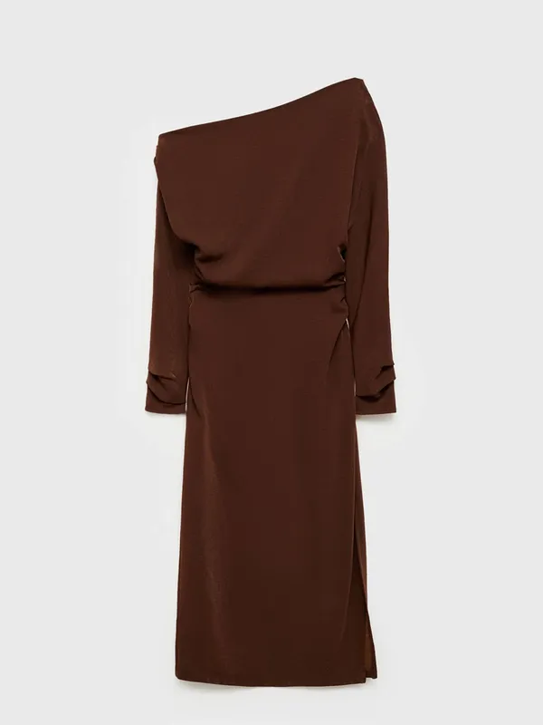 Mango Asymmetrical Elegant One-Shoulder Brown Midi Dress Gathered Sides Sz M - Image 3