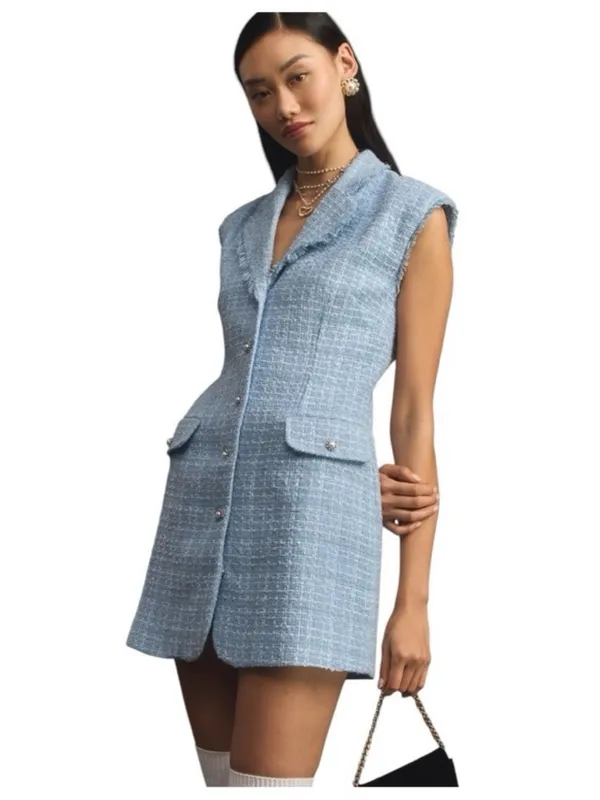 Maeve Anthropologie Blue Tweed Pearl Button Blazer Mini Dress NWOT Size 8 - Image 11