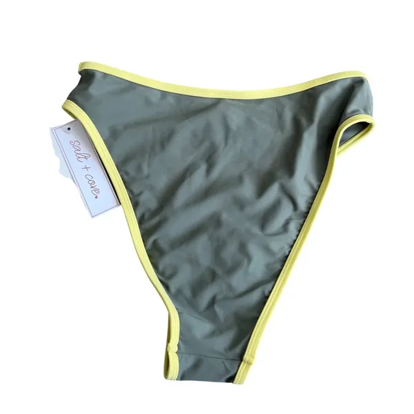 Salt + Cove Womens High Leg Bikini Bottoms Olive‎ Green Yellow Trim Size S NEW - Image 3