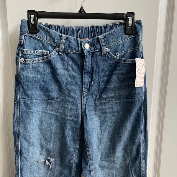 Free People Chloe Baby Barrel Jeans‎ Women XS Blue Boho Elastic Back Distress - Image 5