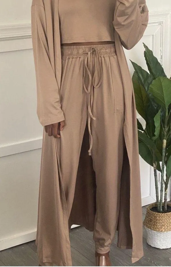 3pc Lounge wear Set Crop Top Joggers Pants Open Cardigan Taupe Neutral NOT SKIMS - Image 2