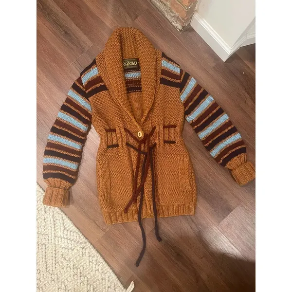 Vintage X-RATED Handknit Statement Cardigan Striped Sleeves Belted M - Image 13