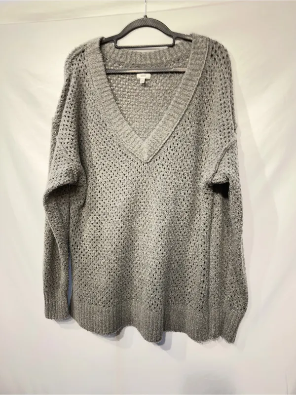 Aerie Open Weave Oversized V-Neck Sweater Gray Size Medium - Image 3