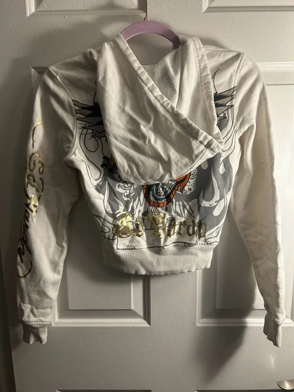Ed Hardy Women's White Zip-Up Hoodie with Tiger and Dragon Graphic - Image 5