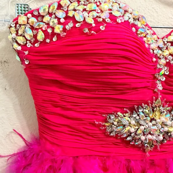Mac Duggal Hot Pink Feather Mini Dress Beaded Sequin Strapless Prom Party Size 0 - Image 6