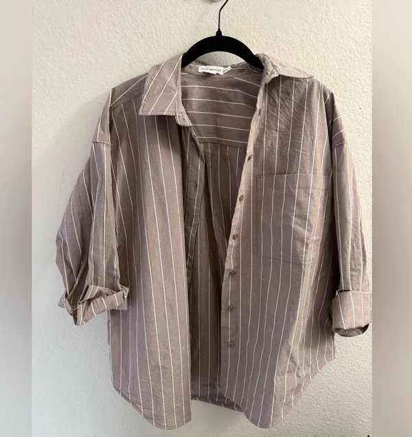 Good American Womens S OVERSIZED POPLIN SHIRT- Putty Stripe Shacket Button Down - Image 3