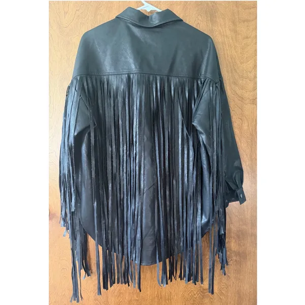 Oversized Fringe Black Button Front Faux Leather Coat Jacket Sz S Western Boho - Image 6