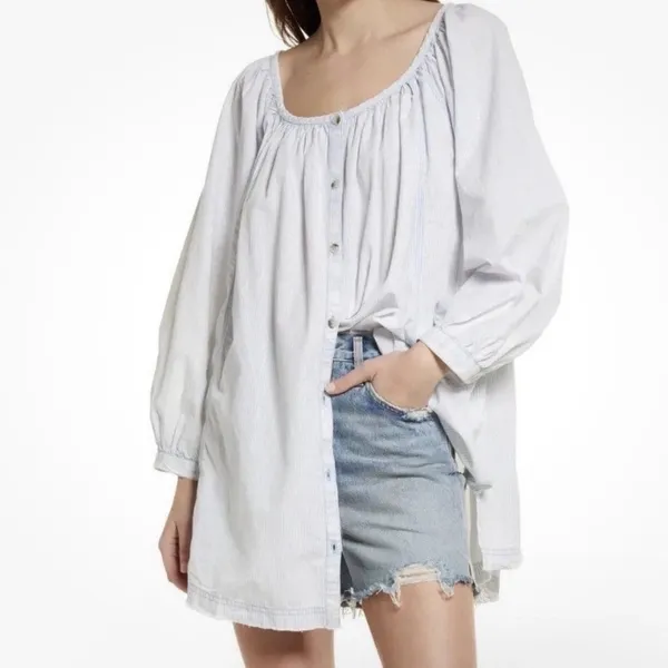 We‎ The Free Blue White Striped Relaxed Tunic or Mini Shirt Dress Large NEW Boho - Image 3