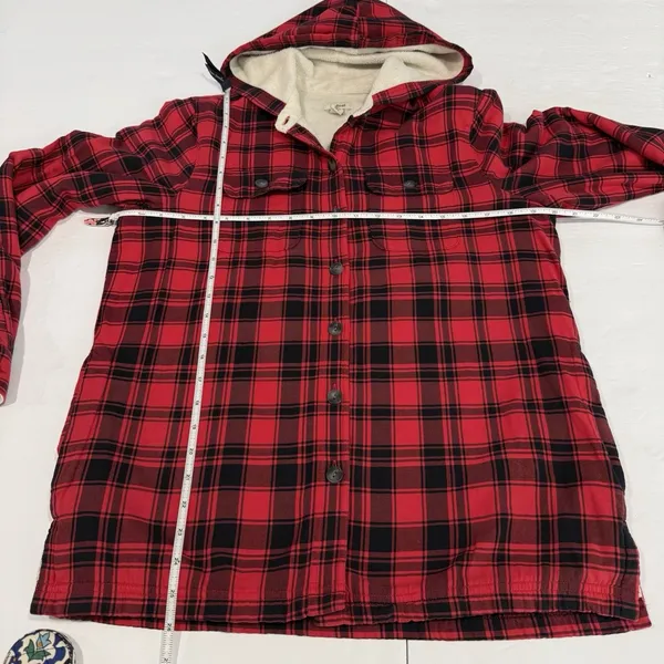 LL Bean Red Buffalo Plaid Fleece Lined‎ Flannel Hooded Shirt Jacket Shacket XS - Image 8