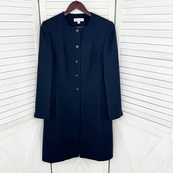 Dress Barn Pinstripe Long Line Blazer‎ Jacket Blue Tan 10 Suit Coat - Image 9