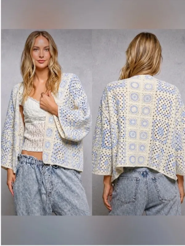 POL Blue Crochet Granny Square Knit Open Cardigan - Image 4