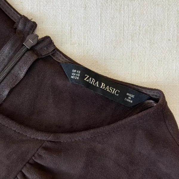 Zara Basic Brown Faux Suede Ruched Long‎ Sleeve Mini Dress XS - Image 7