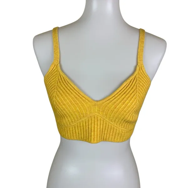 Wild Fable Yellow Ribbed Knit Cropped Bralette V Neck Cozy Trendy Top Medium - Image 2