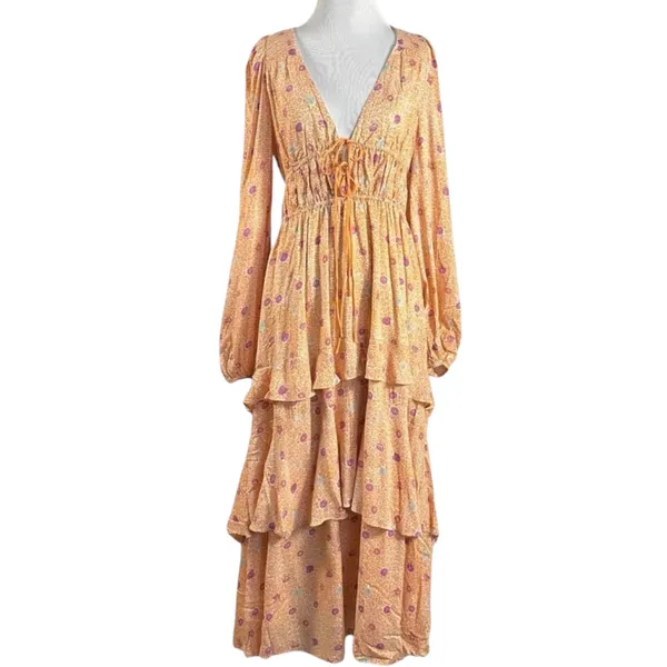 Free People Bohemian Gypsy Tiered Ruffle Maxi Dress Size Large Plunge Billowy - Image 8