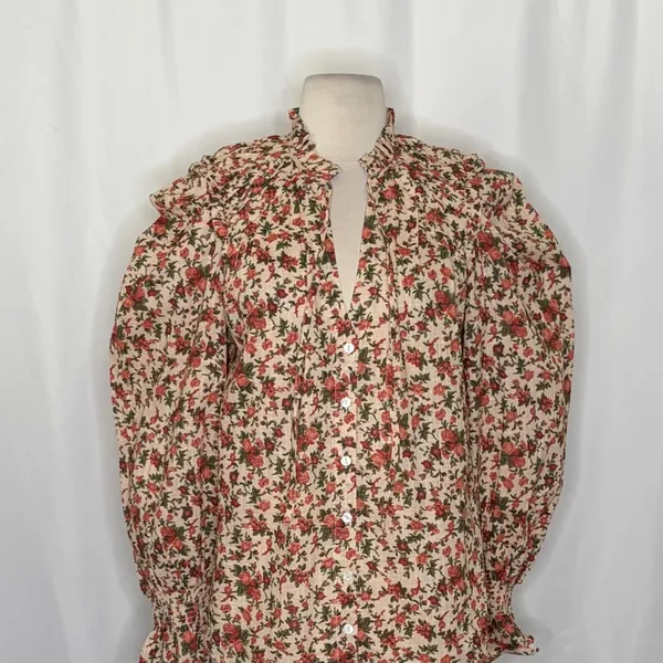 FREE PEOPLE Meant To‎ Be Blouse Floral Vintage Combo Ruffled Smocked Small - Image 3
