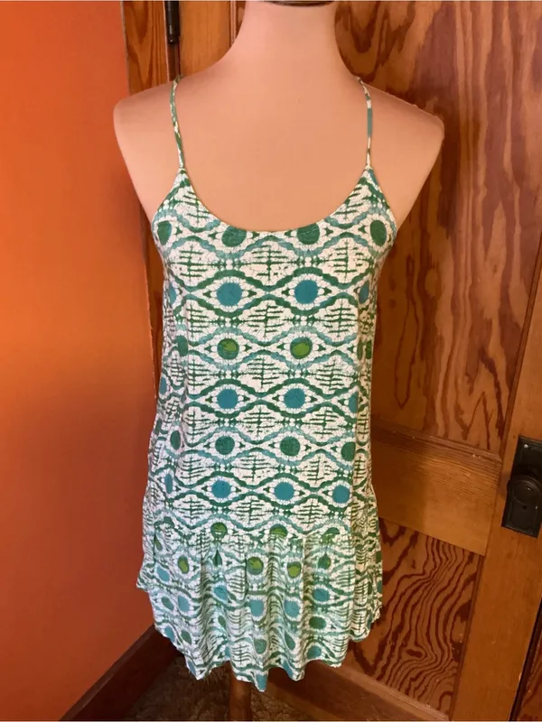 Roxy Green White Geometric Mini Dress Small Adjustable Strap Beach Sundress - Image 5