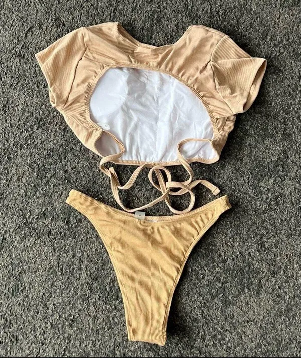 Ribbed t shirt tie back bikini set tan Size L - Image 5