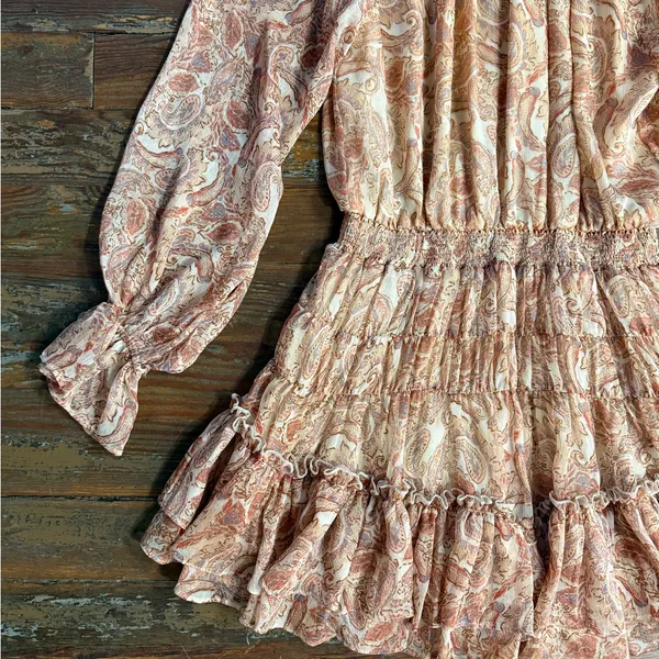 FATE Paisley Smocked Ruffle Neck Balloon Sleeve Flounce Mini Dress Sz S🧡🍄 - Image 9