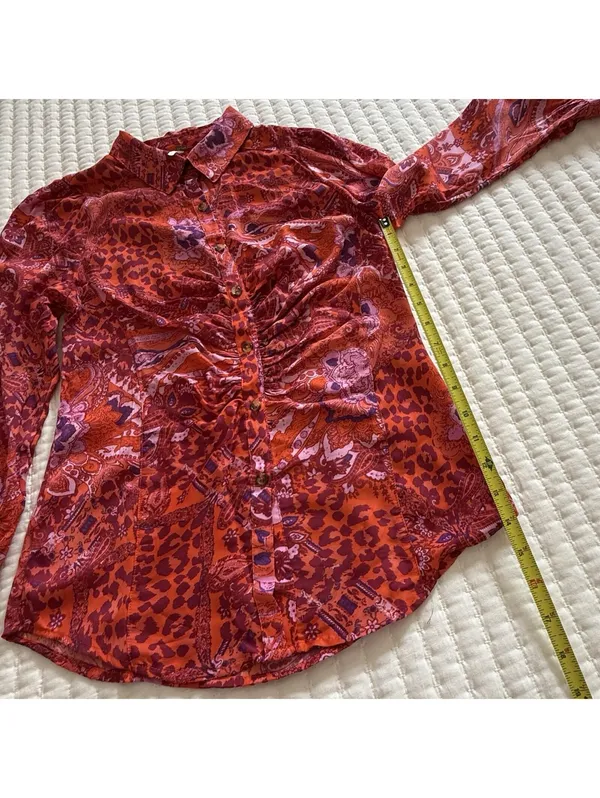 Free People Bianca S Small Button Up Top Red Orange Animal & Floral Print Boho - Image 2