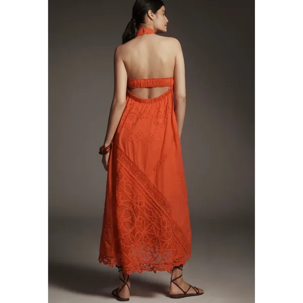Anthropologie Orange Eyelet Lace Halter Maxi Dress‎ boho Open Back NWT Size L - Image 2