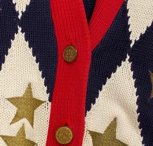 Vintage Argyle Patriotic Cardigan Flag Sweater Red White Blue Stars Oversized S - Image 5