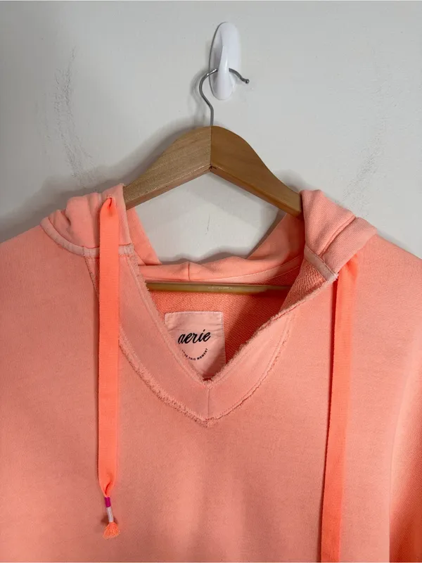Aerie Bleached Neon Peach V-Neck Drawstring Hoodie Sweatshirt Kangaroo pocket S - Image 3