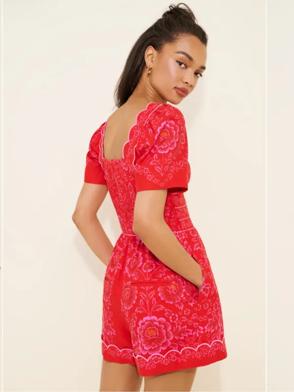 FARM Rio Olivia Red Floral Puff-Sleeve Mini Romper - Image 4