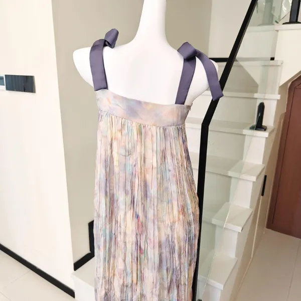 Pastel Tie Dye Pleated Maxi Dress Bow Tie Spaghetti - Image 4