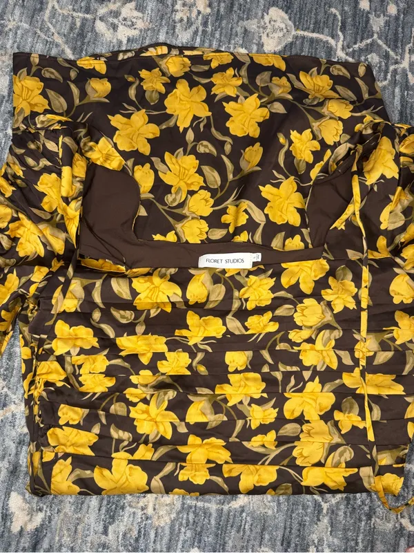 NWOT Floret Studios Brown and Yellow Floral Shirred Long Sleeve Mini Dress Sz L - Image 7