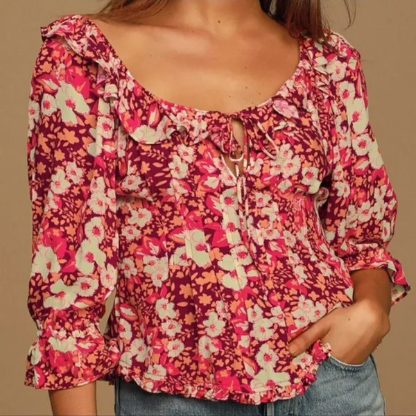 Free‎ People Womens Blouse Size S Sweet Memories 3/4 Sleeve Orange & Pink Floral - Image 3