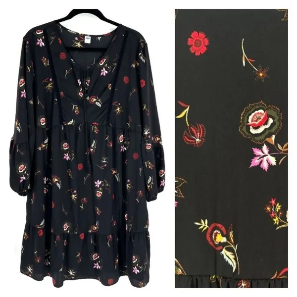Old Navy Womens Floral Long Sleeve Velvet Trim Peasant Swing Dress Black Size XL - Image 2