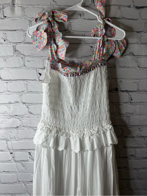 Horror Vacui White Maxi Sundress with Floral Tie Straps small - Image 6