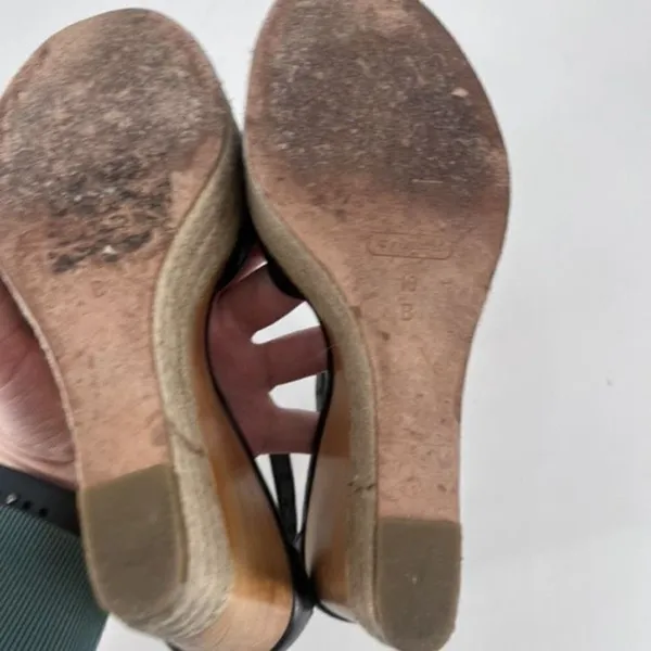 Coach Gala Black Leather Wedges Espadrille Wood Size 10 Peep toe T Strap Sandals - Image 10