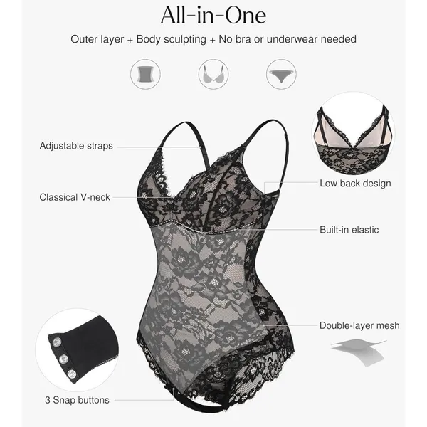 NWT Popilush Lace Shapewear Bodysuit Black V Neck Backless Thong Large - Image 2