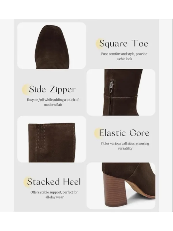 NEW Knee High Square Toe Chunky Block Heel Side Zipper Vegan Suede Boots 10 - Image 5