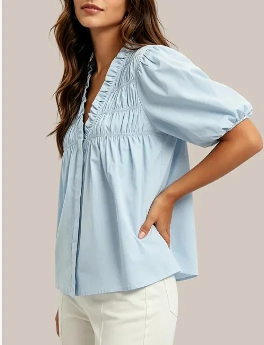 Amazon Women Puff Short Sleeve Blouse Ruffle V Neck Smocked Top Loose Fit Flowy Summer Shirt - Image 3