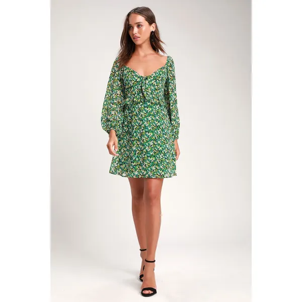 Lulus Forsythia Green Floral‎ Print Long Sleeve Tie-Front Women's Dress Large - Image 3