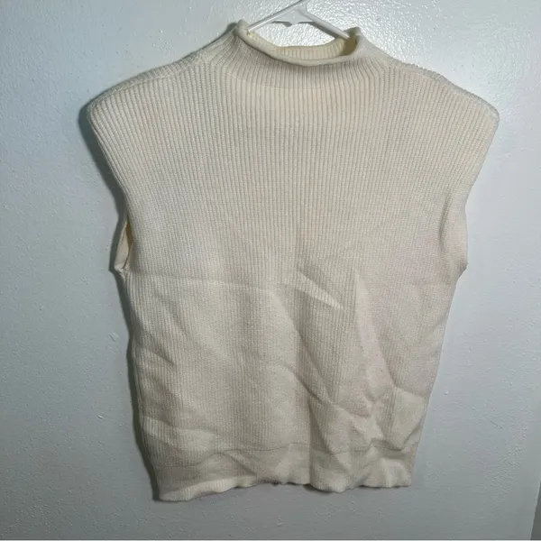 Fashion Women's Size Small Shoulder Pad Sleeveless Jumper Sweater Cream White - Image 3