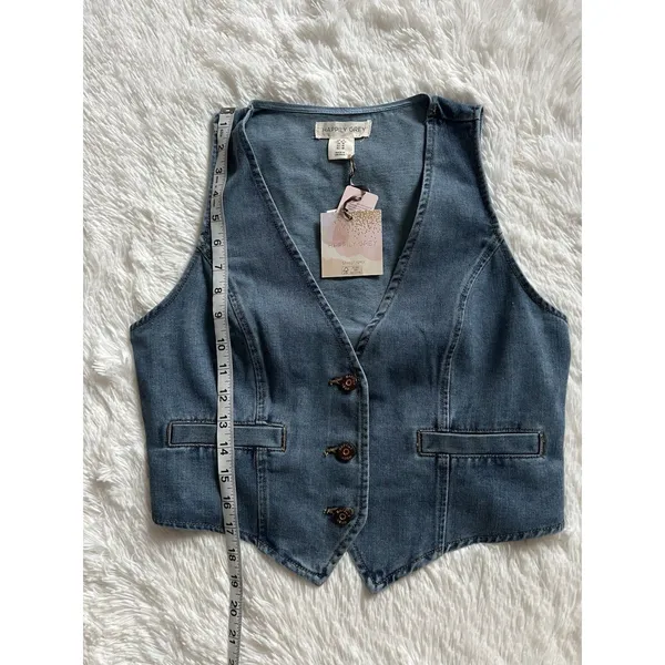 NWT Happily Grey Denim Vest Medium Wash Button Front Cropped Waistcoat Size M - Image 7