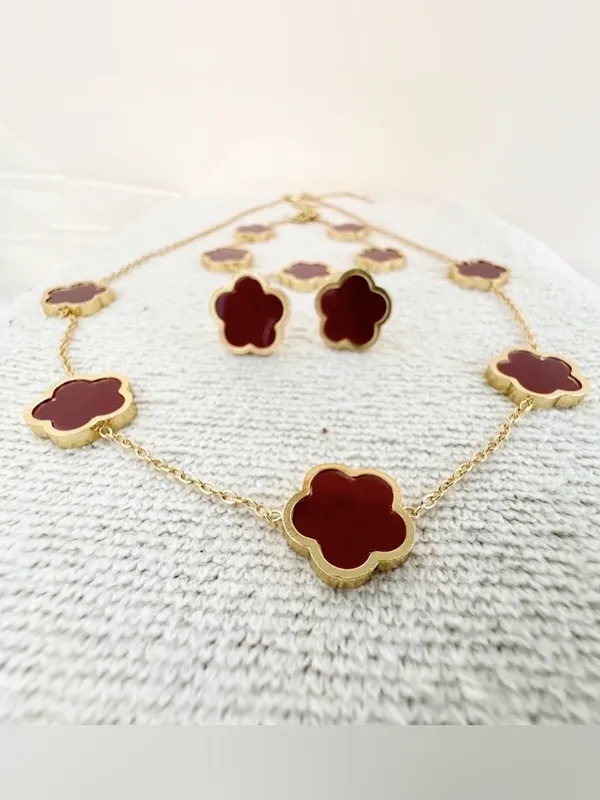 18K Gold Plated red wine Clover Necklace Set stainless steel womens jewelry - Image 2