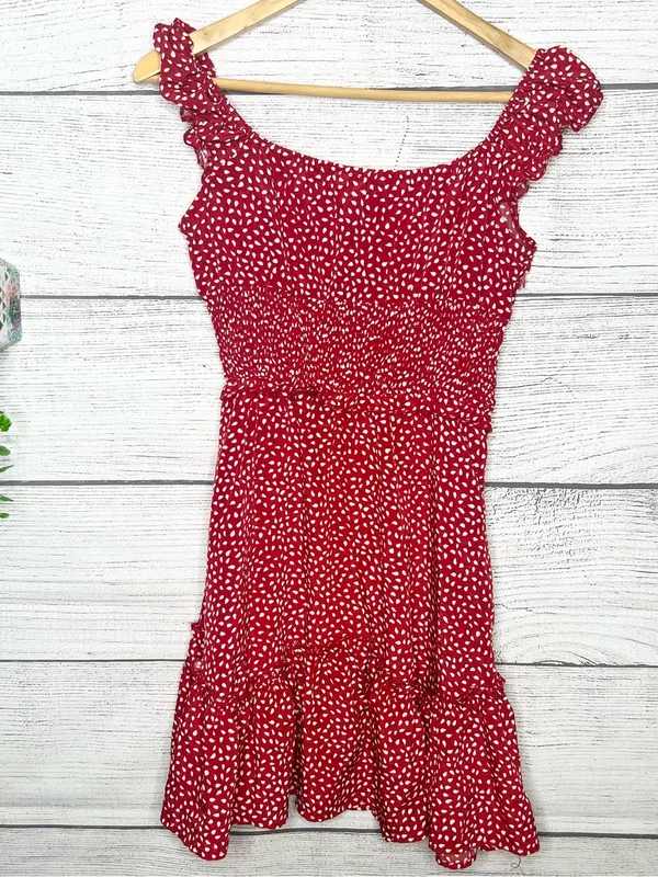 Red & White Polka Dot Smocked Sleeveless Mini Dress with Ruffle Hem Size Small - Image 9