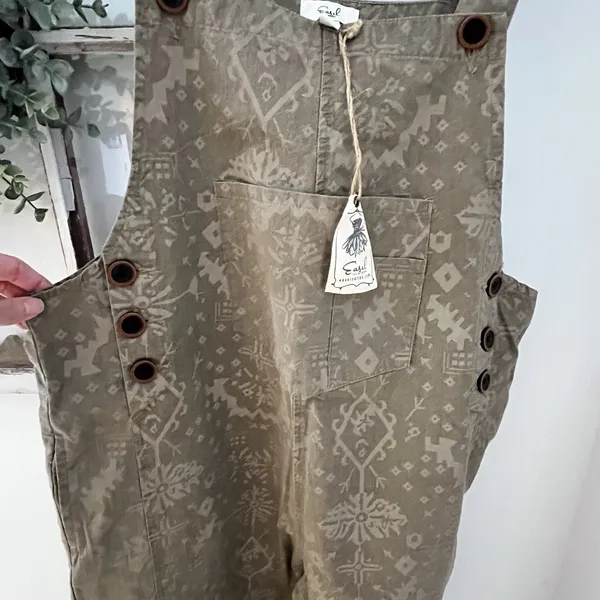 NWT Easel Mocha Ethnic Printed Twill Overall Jumpsuit Overalls Size‎ L Boho - Image 9