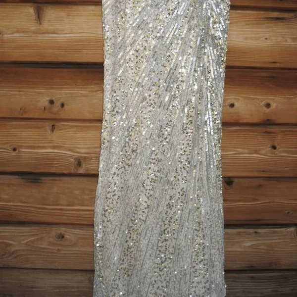 Mac Duggal 5687 SEQUINED ONE SHOULDER DRAPED LACE UP GOWN dress Silver 8 - Image 9