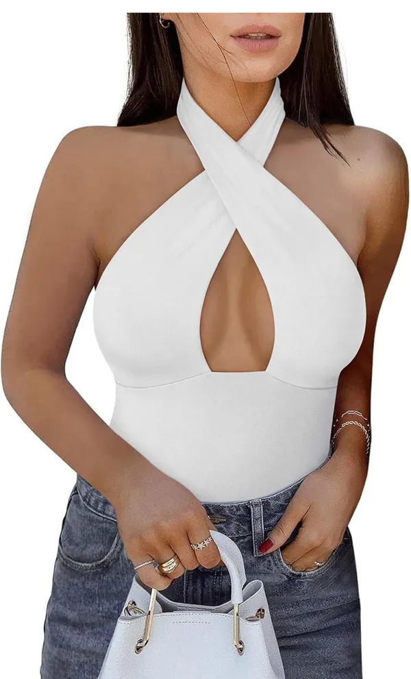 REORIA Butsmooth® Women's Trendy Sexy Criss Cross Halter Neck Sleeveless Thong Bodysuits - Image 3