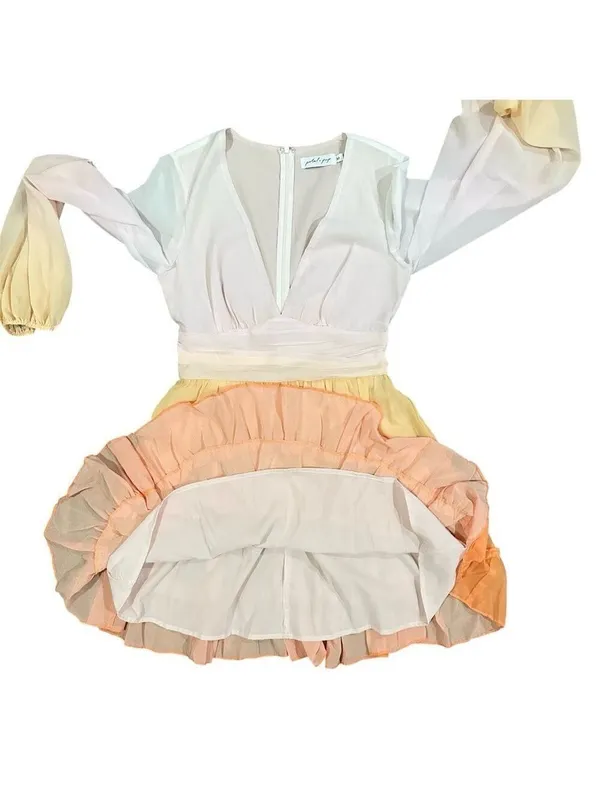 Petal + Pup Ombre Ruffle Tiered Long Sleeve Deep V-Neck Dress Orange Size Medium - Image 7