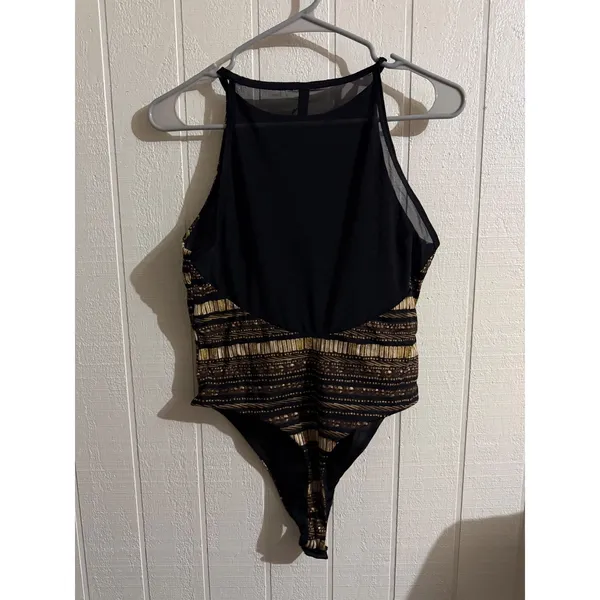 Victoria Sport Womens Gold Black Tribal Print Mesh Back Bodysuit Medium - Image 4