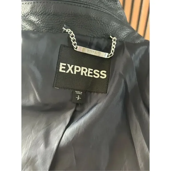 Express faux leather dark blue jacket size small motto rock like style - Image 5